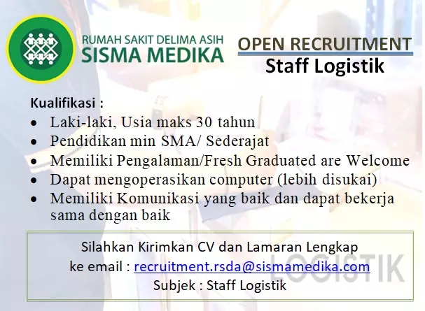 Lowongan Kerja Staff Logistik Rumah Sakit Delima Asih Sismamedika